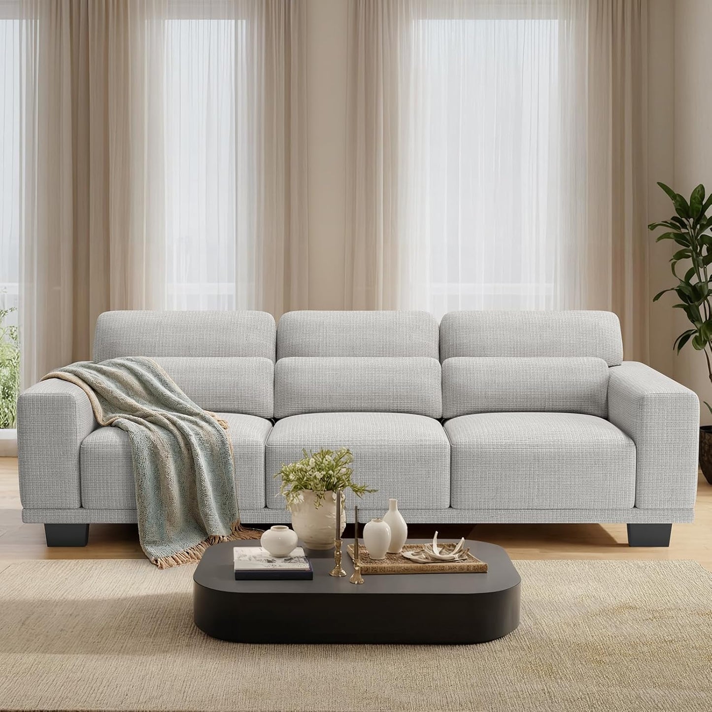 Pipishell 3 Seater Couch, Sofas for Living Room with Deep Seats and Wide Armrests, 89" Comfy 3 Seater Sofa, Supportive with Thickened Cushion, Cotton-Linen Couches, Removable & Washable Covers, Grey