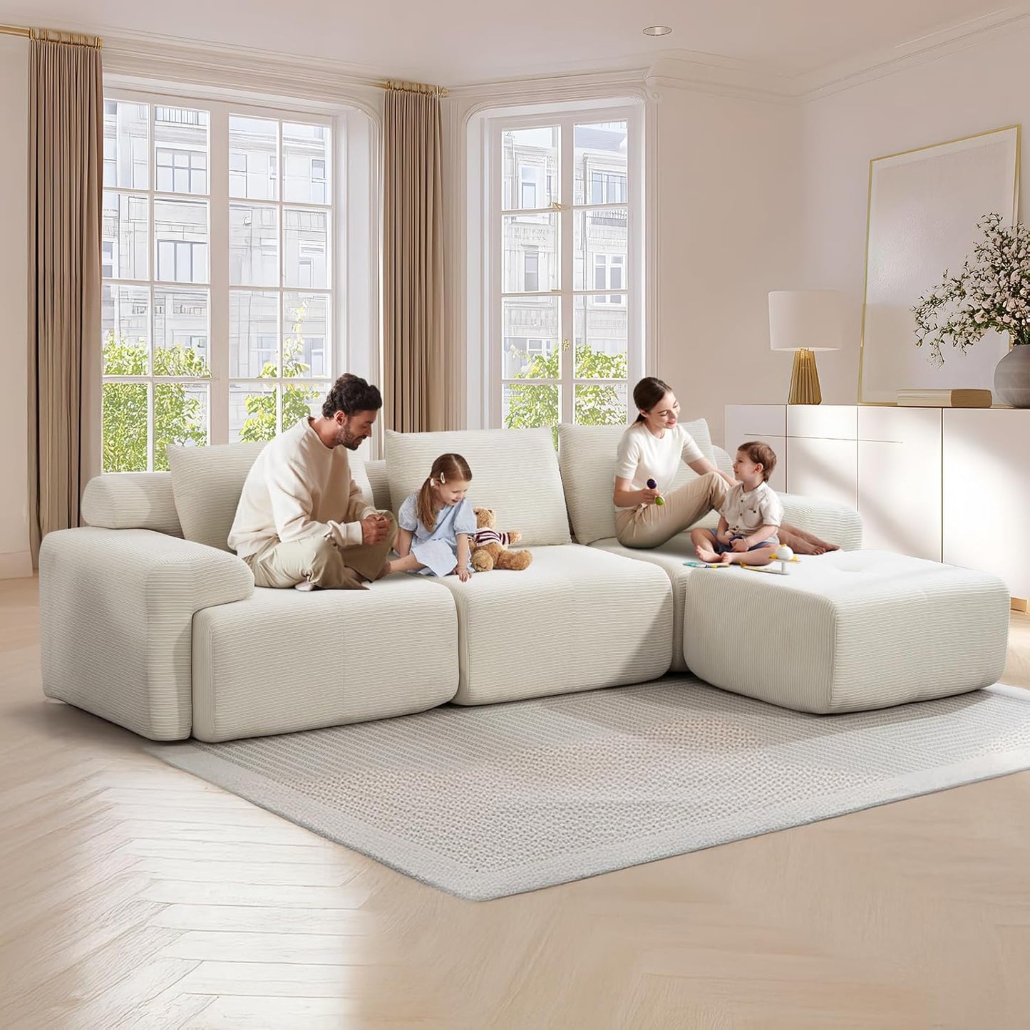 L-Shaped Sectional Sofa Bed with Memory Foam, No-Assembly Convertible Loveseat Couch, Corduroy Fabric Modular Sofa with Steel Frame for Living Room, Apartment, Bedroom, Small Spaces (Grey)