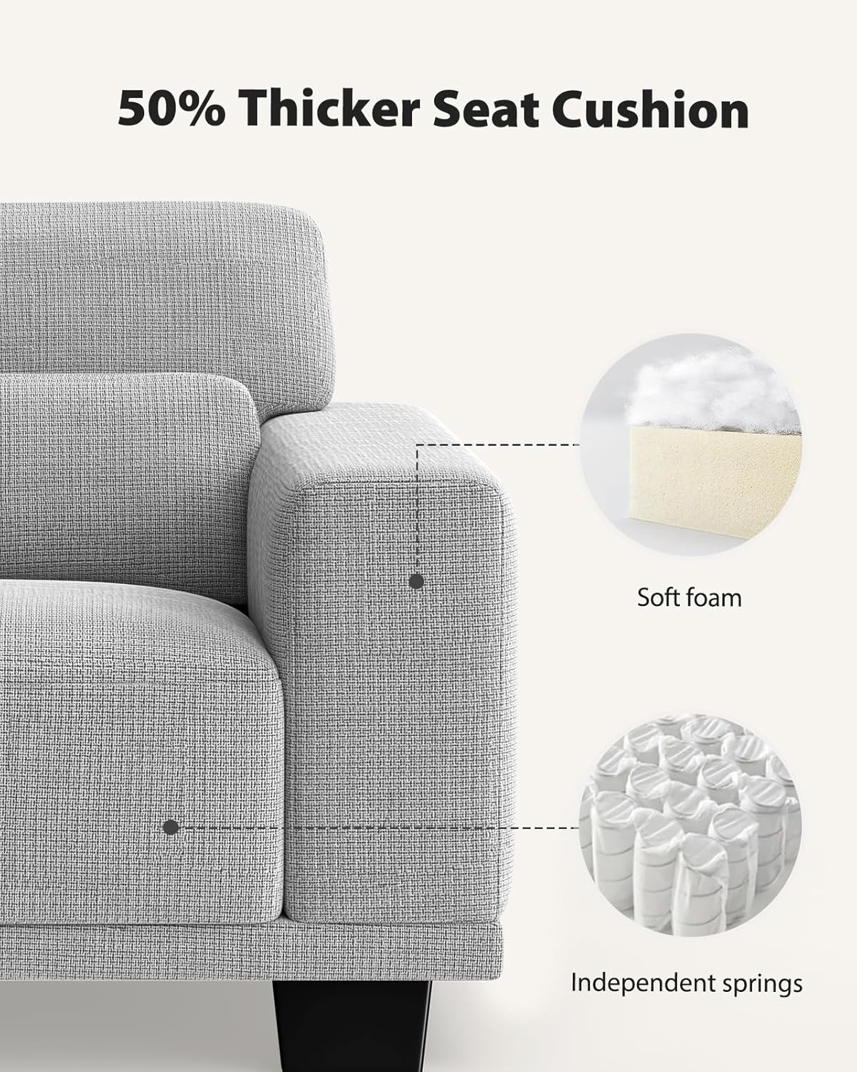 Pipishell 3 Seater Couch, Sofas for Living Room with Deep Seats and Wide Armrests, 89" Comfy 3 Seater Sofa, Supportive with Thickened Cushion, Cotton-Linen Couches, Removable & Washable Covers, Grey