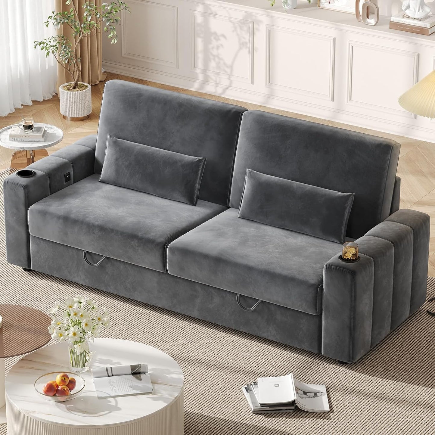 75 Inch Loveseat Sofa, Velvet Fabric Couch with Storage, Cup Holder, Charging Ports, Heightened Backrests, Removable Cover Modern Comfy Couches Easy Assembly for Small Spaces Apartment