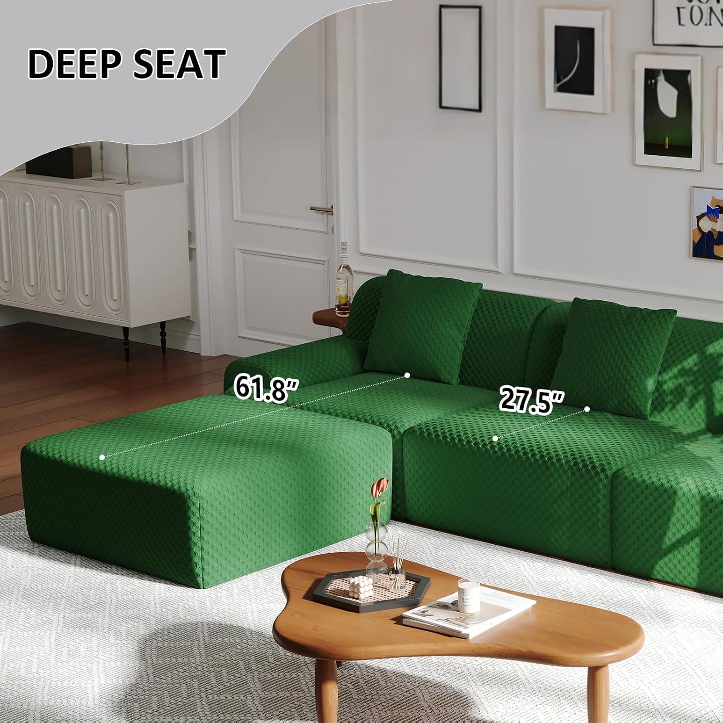 113" Modular Sectional Sofa Upholstered 3-Seater Sofa with Movable Ottoman, Oversized 4-Seater Couch with 3 Throw Pillows High-Density Foam No Assembly Free Combinations (Green)