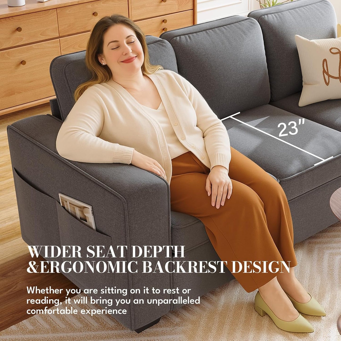 IULULU 82 Inch Sofa, Modern 3 Seater Couch for Living Room, Comfy Couches with Deep Seat, Side Pockets for Apartment, Office, Studio, Gray