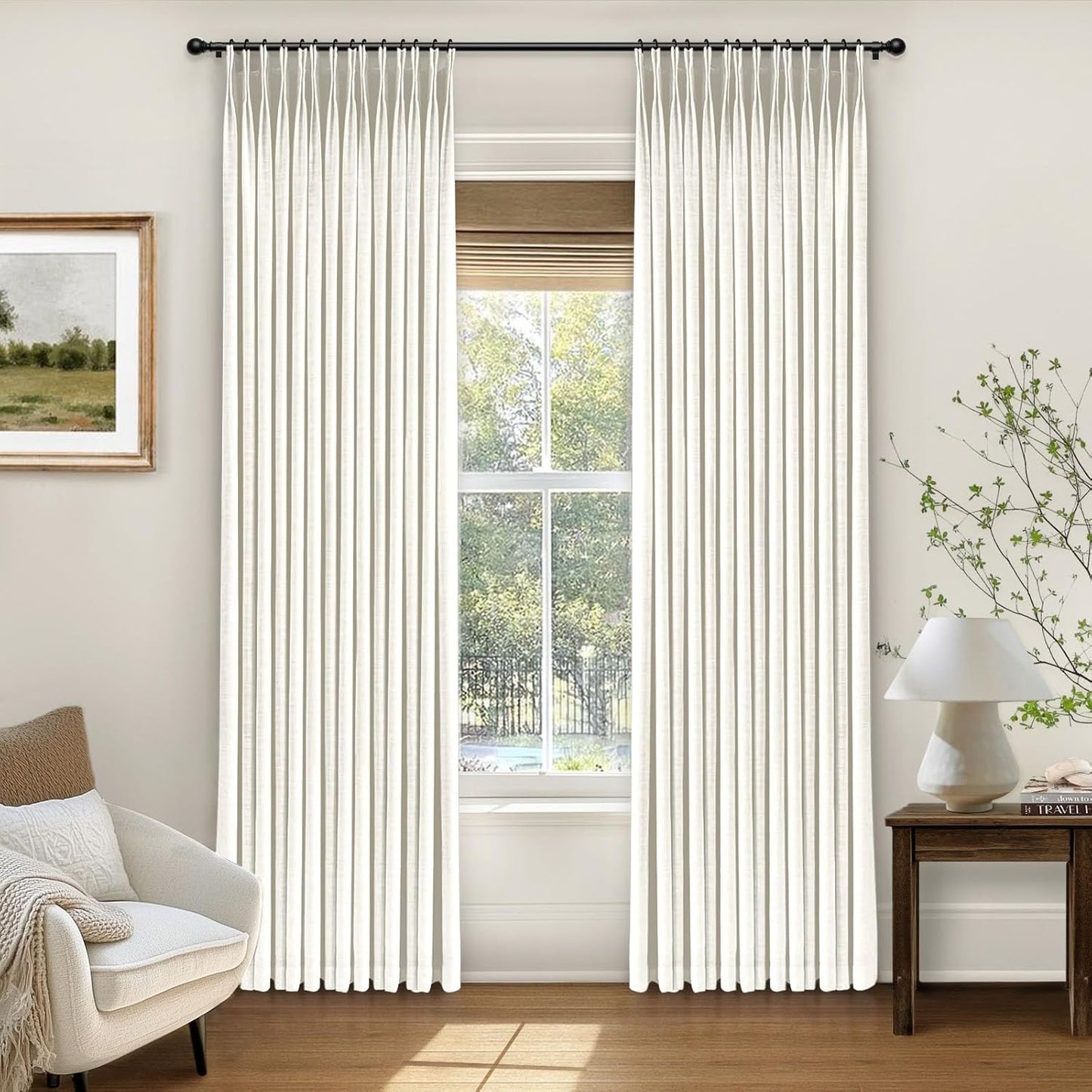 INOVADAY Pinch Pleated Curtains, 100% Light Blocking Linen Pinch Pleat Blackout Curtains for Bedroom, Thermal Insulated Blackout Drapes 2 Panels Set for Living Room - Natural on Linen, W40 x L96