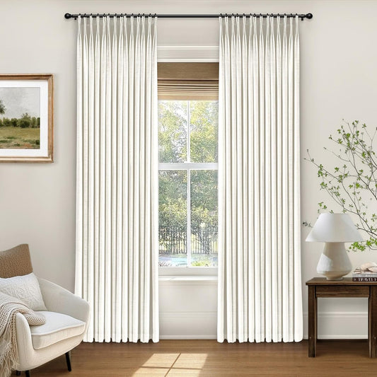 INOVADAY Pinch Pleated Curtains, 100% Light Blocking Linen Pinch Pleat Blackout Curtains for Bedroom, Thermal Insulated Blackout Drapes 2 Panels Set for Living Room - Natural on Linen, W40 x L96