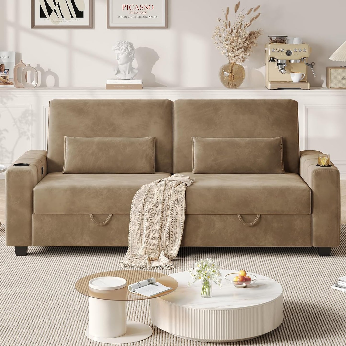 75 Inch Loveseat Sofa, Velvet Fabric Couch with Storage, Cup Holder, Charging Ports, Heightened Backrests, Removable Cover Modern Comfy Couches Easy Assembly for Small Spaces Apartment