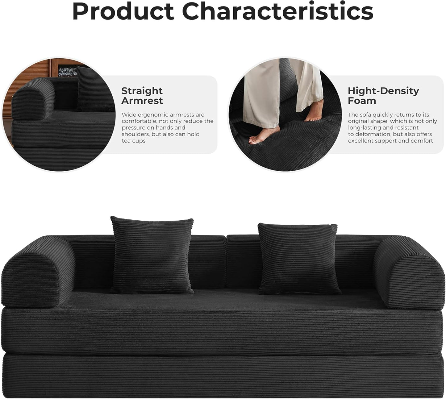 79" Modular Sofa Bed, Convertible Sleeper Sofa Bed, Couch Bed with Fixed-Shape Frame, Corduroy Floor Sofa Lounge Couch, Couches for Living Room with 2 Pillows, No Assembly Required, Black