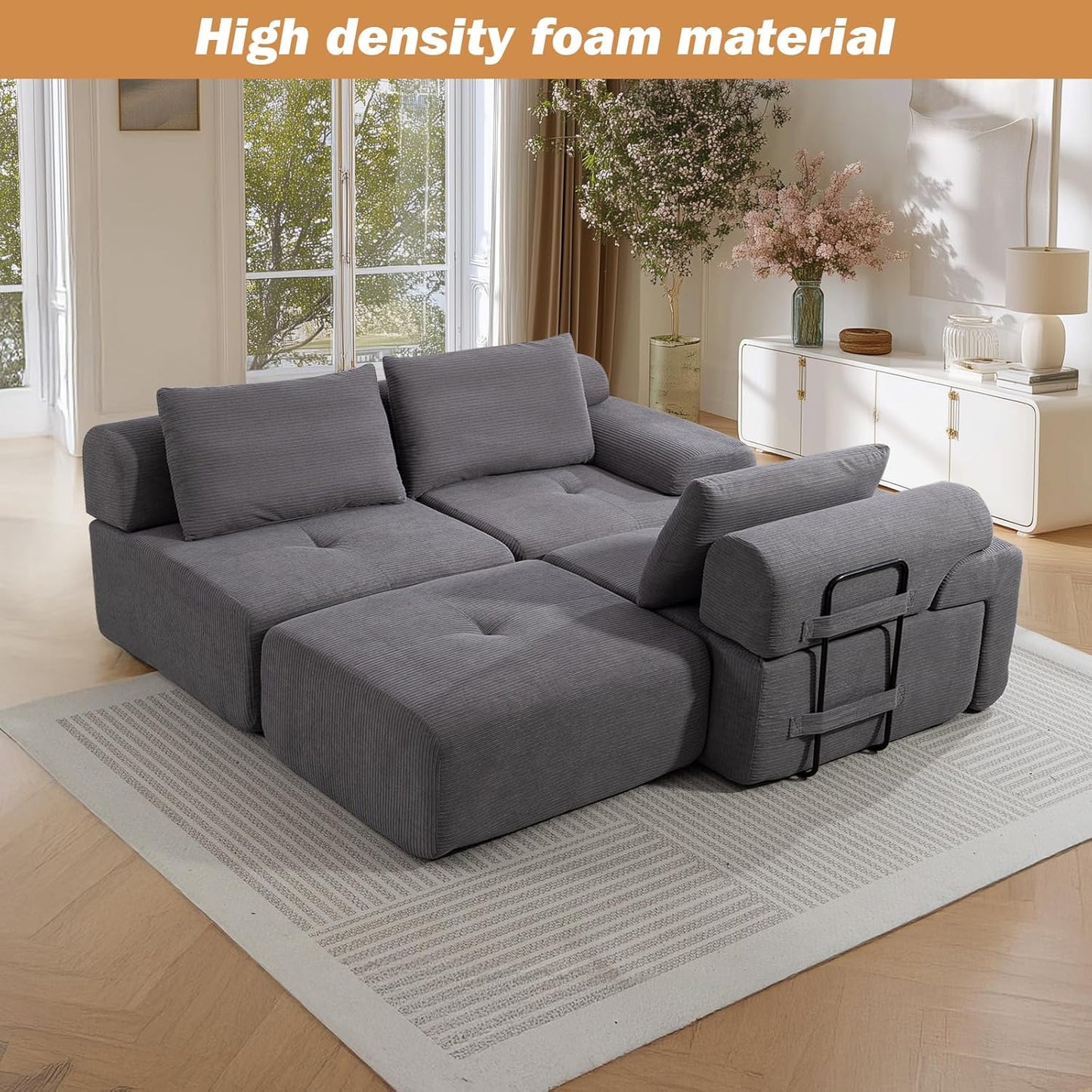 L-Shaped Sectional Sofa Bed with Memory Foam, No-Assembly Convertible Loveseat Couch, Corduroy Fabric Modular Sofa with Steel Frame for Living Room, Apartment, Bedroom, Small Spaces (Grey)