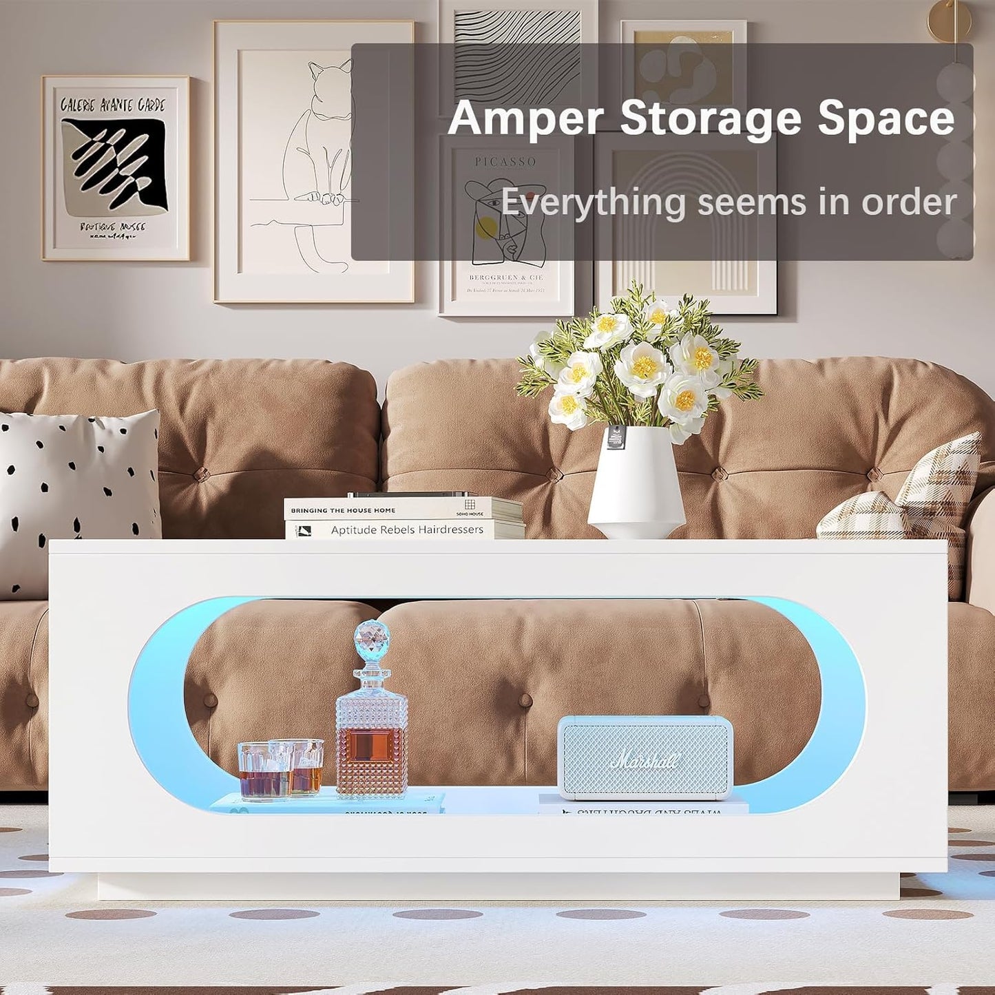 43" White Led Coffee Table for Living Room, Modern Living Room Table Rectangular Contemporary Center Table with Storage, Wooden Coffee Tables with LED Lights for Dining Reception Room