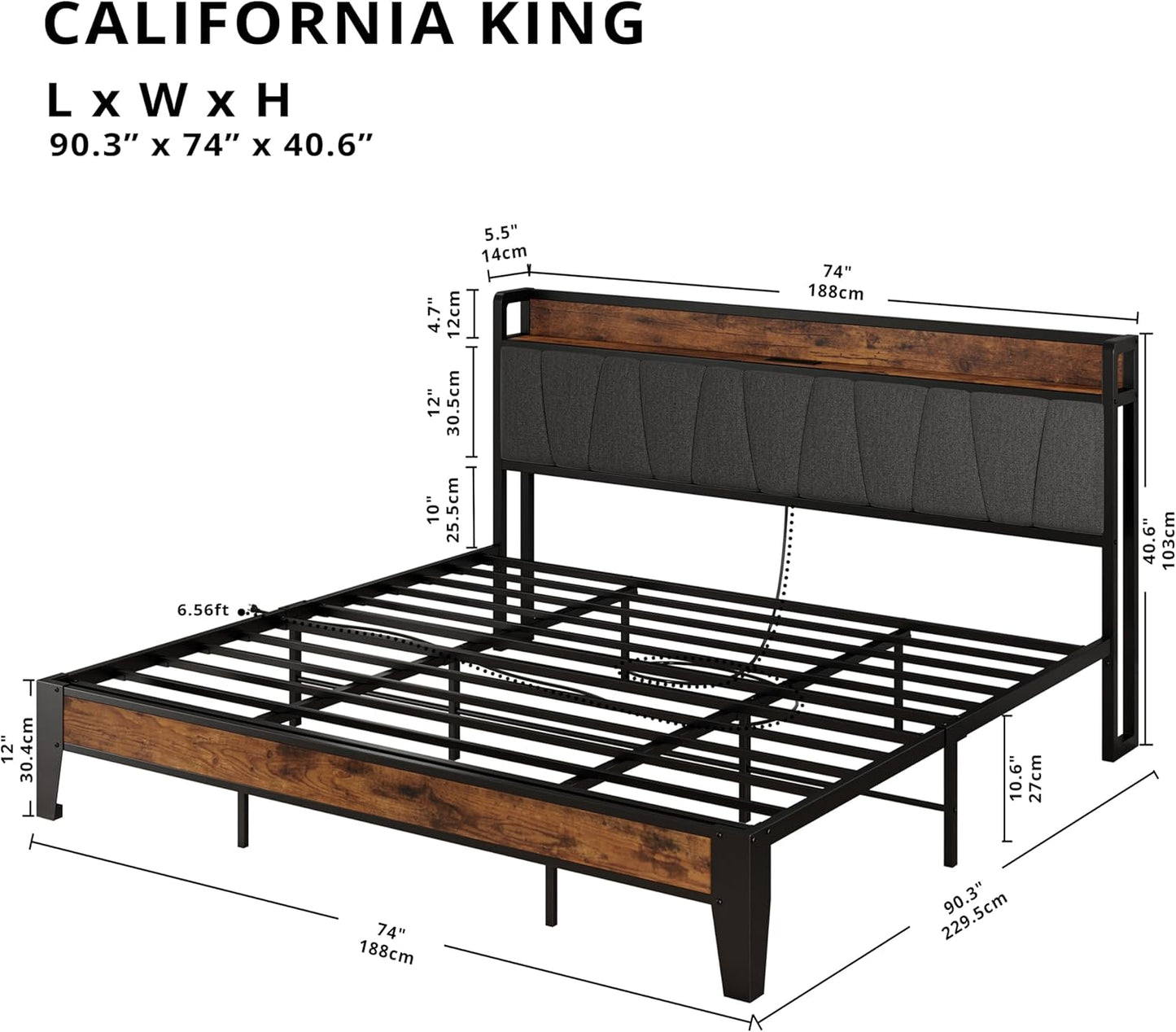 LIKIMIO California King Bed Frames, Storage Headboard with Charging Station, Solid and Stable, Noise Free, No Box Spring Needed, Easy Assembly