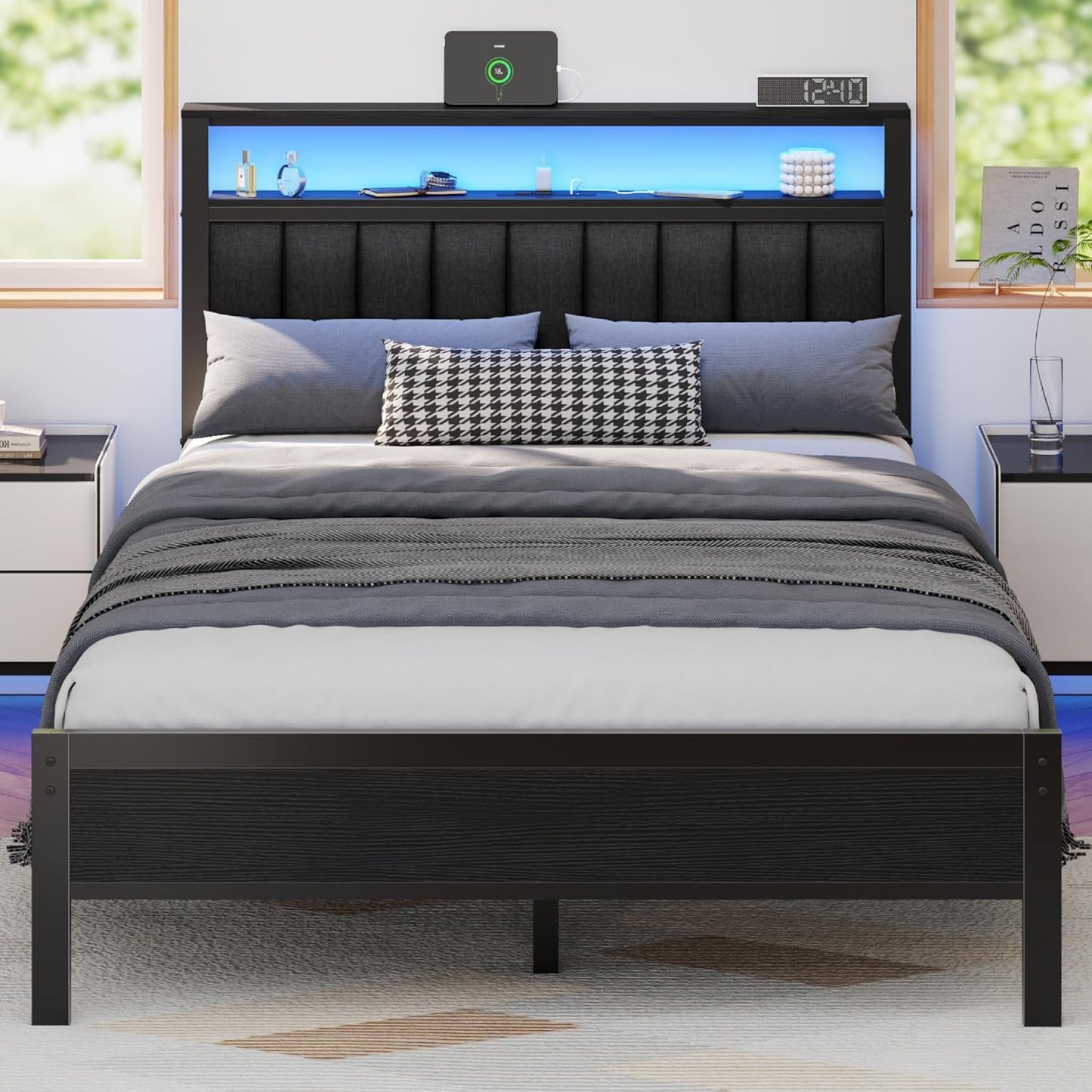 Furnulem Twin Size Bed Frame with Charging Station and LED Lights, Platform Bed with Metal Slats, Grey Upholstered Headboard with 2-Tier Storage Shelves, No Box Spring Needed