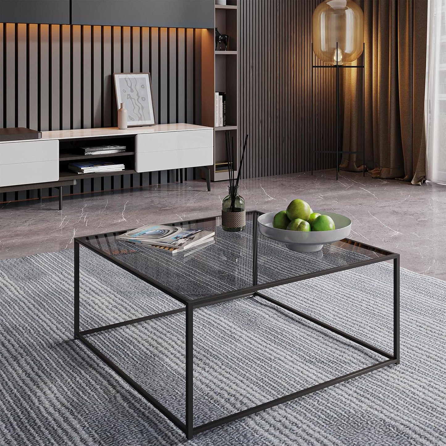 Glass Coffee Tables for Living Room Square Modern Center Table for Small Space,Tempered Glass-top with Sturdy Metal Frame Sofa Side End Table, Easy Assembly,26.4 x 26.4 x 15.7 Inches, Gray Black