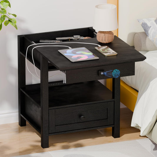 Rresyet End Table with Fingerprint Lock, Side Table with Extendable Top & Built-in Power Outlets & Drawer, Wooden Storage Nightstand for Home & Office (Black)