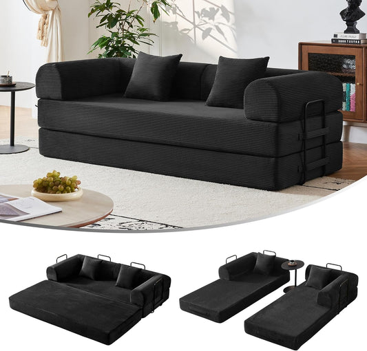 79" Modular Sofa Bed, Convertible Sleeper Sofa Bed, Couch Bed with Fixed-Shape Frame, Corduroy Floor Sofa Lounge Couch, Couches for Living Room with 2 Pillows, No Assembly Required, Black
