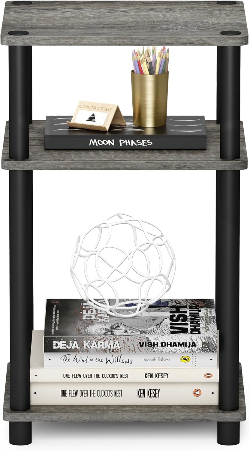 Furinno Just 3-Tier Turn-N-Tube End Table / Side Table / Night Stand / Bedside Table with Plastic Poles, 1-Pack, French Oak Grey/Black