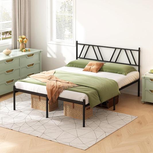 Metal Platform Bed Frame with Headboard, 14 Inches Full Bed, No Box Spring Needed, Steel Slat Support, Black, Easy Assembly