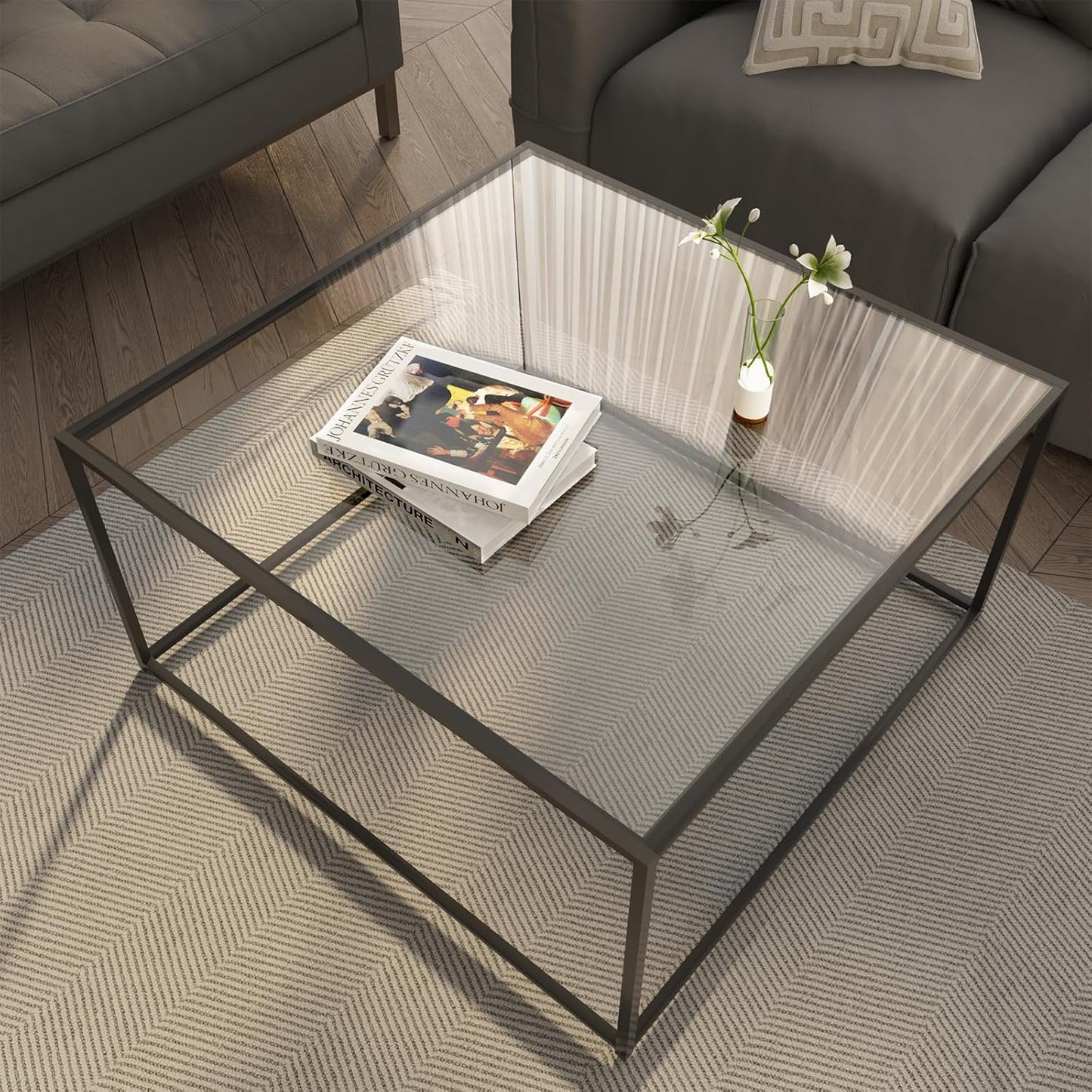 Glass Coffee Tables for Living Room Square Modern Center Table for Small Space,Tempered Glass-top with Sturdy Metal Frame Sofa Side End Table, Easy Assembly,26.4 x 26.4 x 15.7 Inches, Gray Black