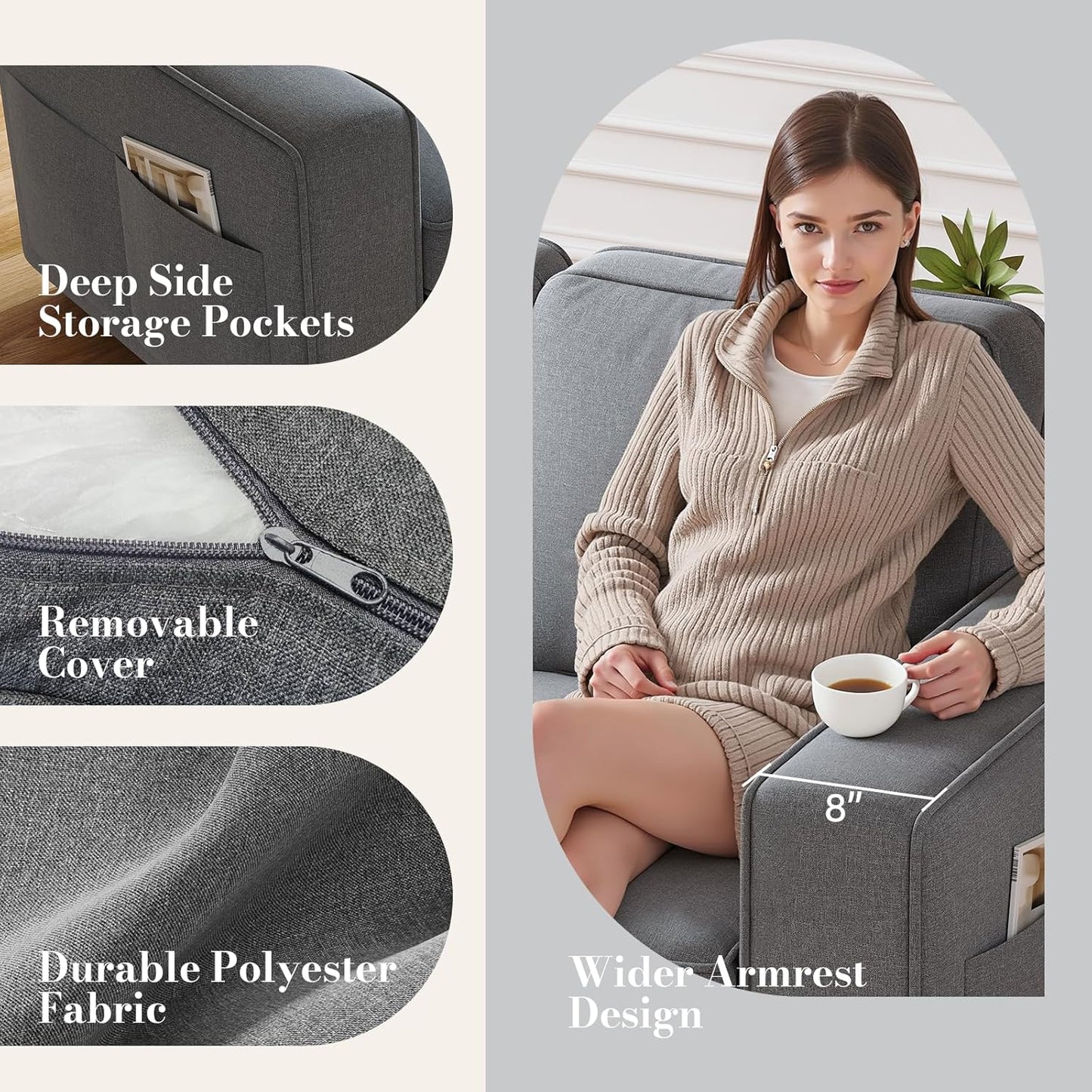 IULULU 82 Inch Sofa, Modern 3 Seater Couch for Living Room, Comfy Couches with Deep Seat, Side Pockets for Apartment, Office, Studio, Gray