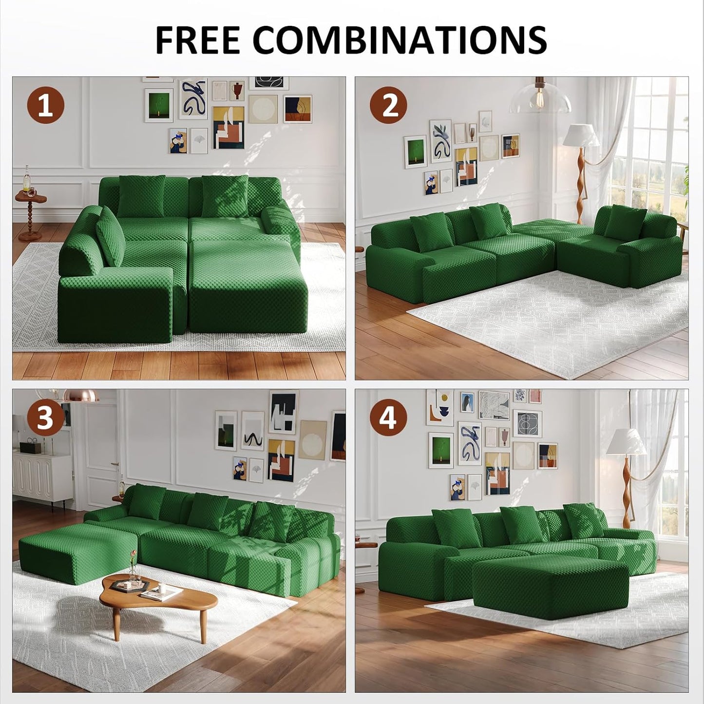 113" Modular Sectional Sofa Upholstered 3-Seater Sofa with Movable Ottoman, Oversized 4-Seater Couch with 3 Throw Pillows High-Density Foam No Assembly Free Combinations (Green)