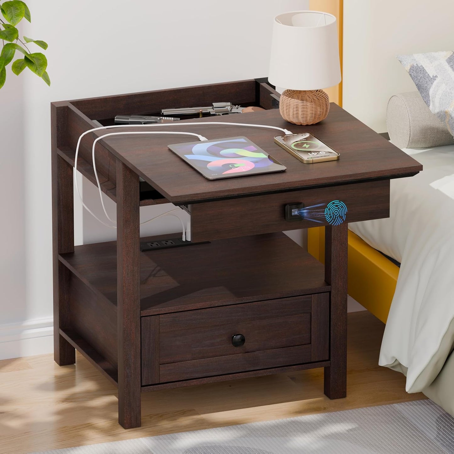 Rresyet End Table with Fingerprint Lock, Side Table with Extendable Top & Built-in Power Outlets & Drawer, Wooden Storage Nightstand for Home & Office (Black)