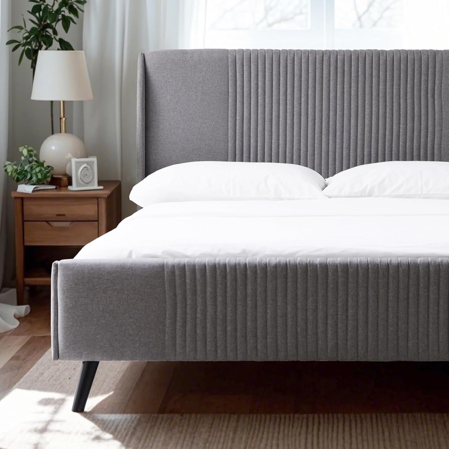 Livinia Sunset King Size Wingback Platform Bed, Fabric Upholstered King Bed Frame with Vertical Channel Tufted Headboard Footboard, Strong Wood Slats, No Box Spring Needed, Gray