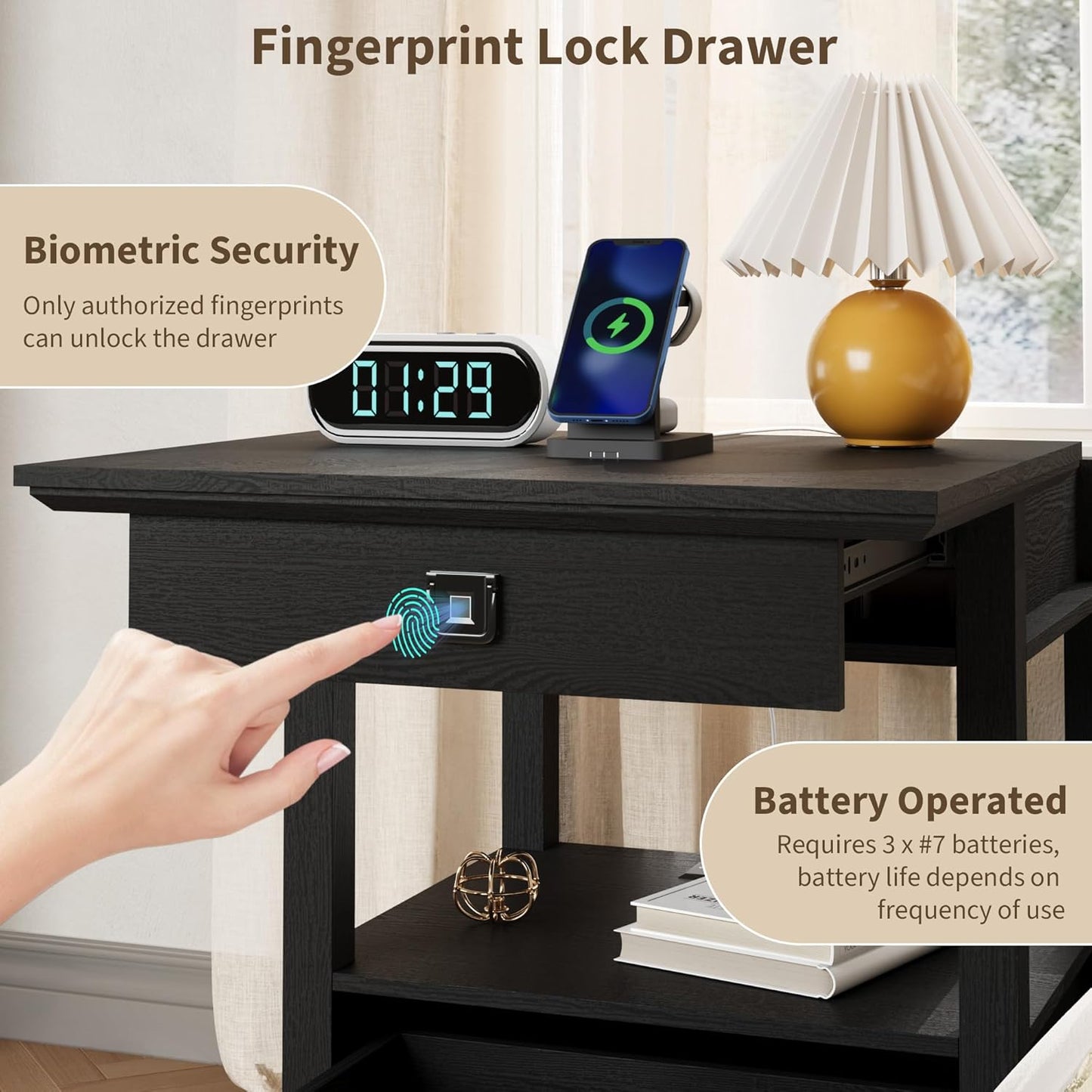 Rresyet End Table with Fingerprint Lock, Side Table with Extendable Top & Built-in Power Outlets & Drawer, Wooden Storage Nightstand for Home & Office (Black)