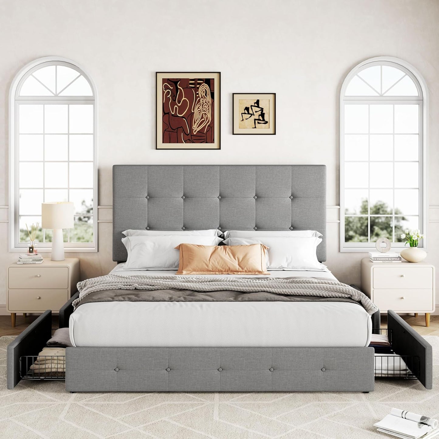 Allewie Upholstered Queen Size Platform Bed Frame with 4 Storage Drawers and Headboard, Square Stitched Button Tufted, Mattress Foundation with Wooden Slats Support, No Box Spring Needed, Light Grey