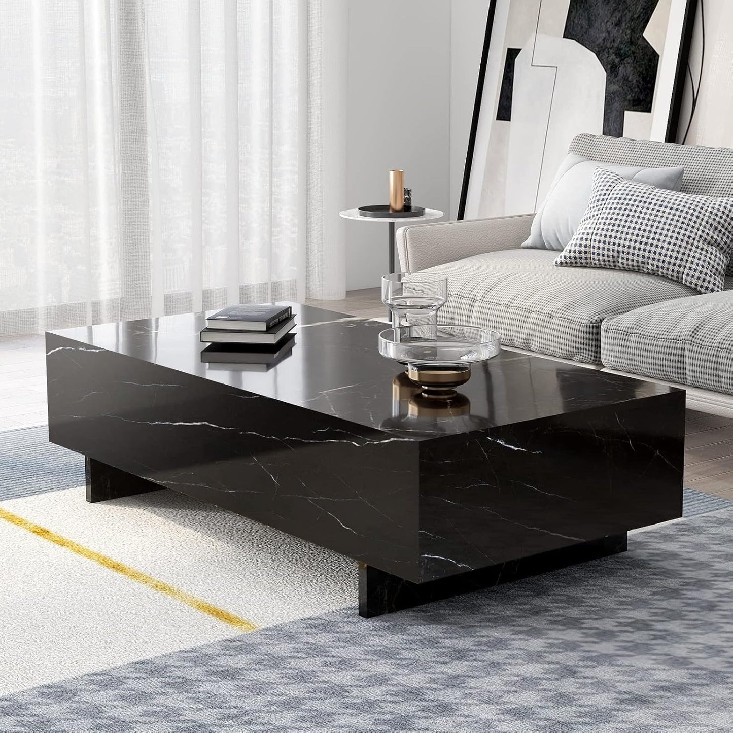 COSVALVE Marble Rectangle Coffee Tables for Living Room,Black Modern Side Table,Contemporary High Gloss Elegant Center Table for Waiting Area,41.3" Lx19.7 Wx13.8 H,Black