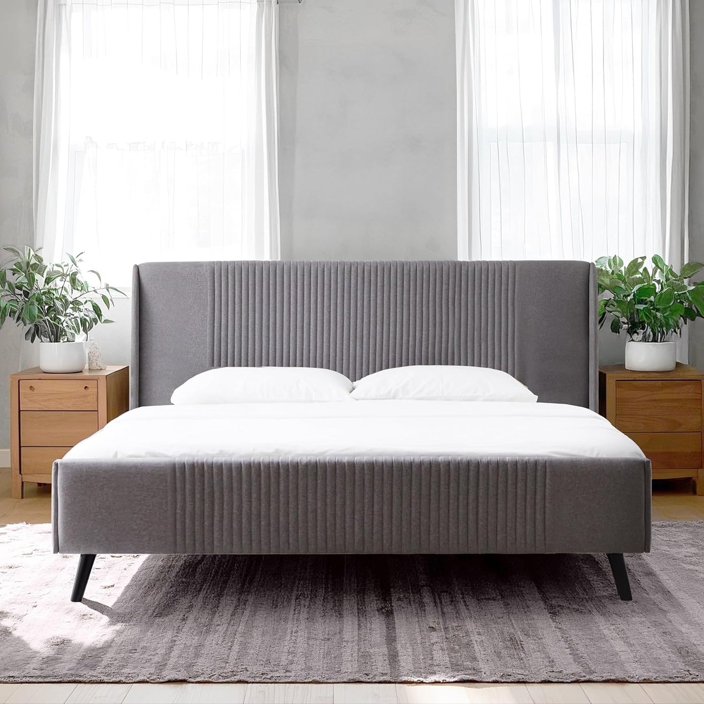 Livinia Sunset King Size Wingback Platform Bed, Fabric Upholstered King Bed Frame with Vertical Channel Tufted Headboard Footboard, Strong Wood Slats, No Box Spring Needed, Gray