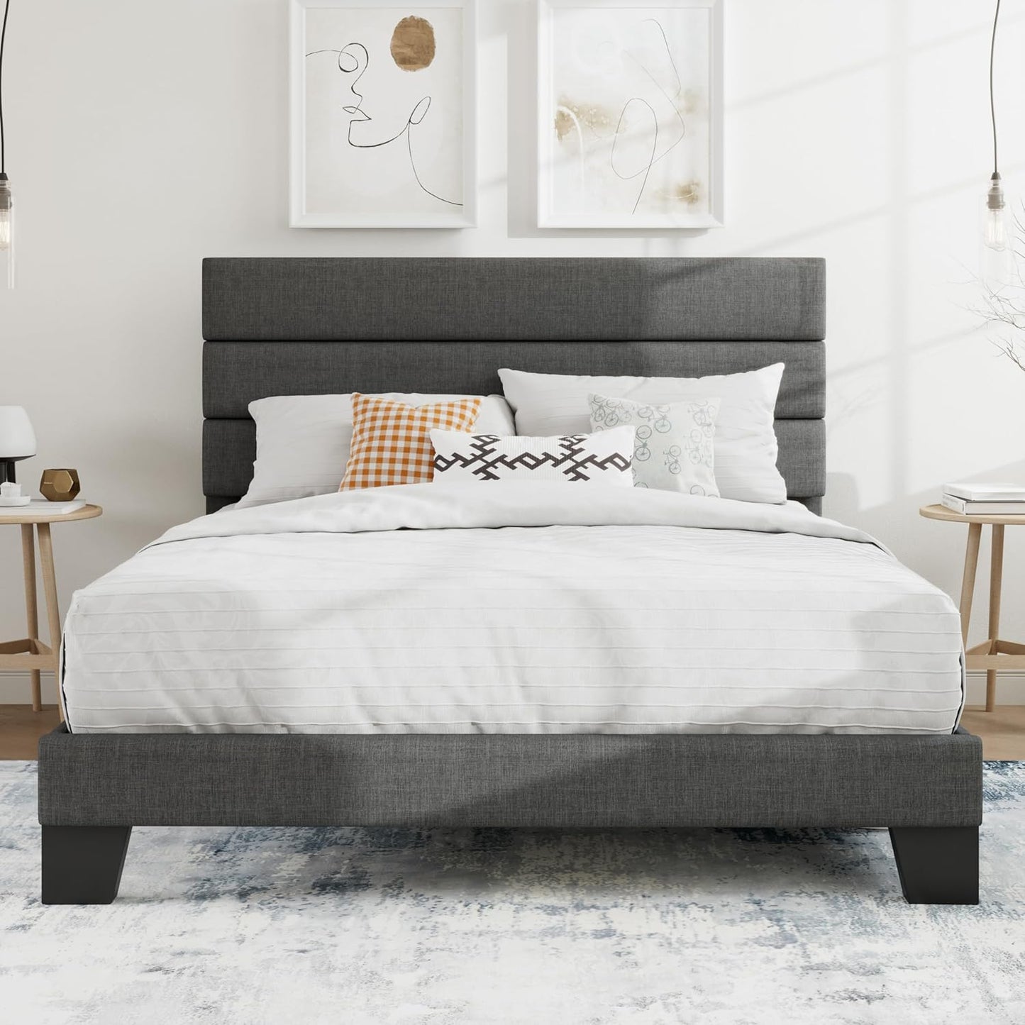 SHA CERLIN Full Platform Bed Frame with Upholstered Fabric Headboard, Mattress Foundation with Strong Wooden Slats Support, No Box Spring Needed, Blue