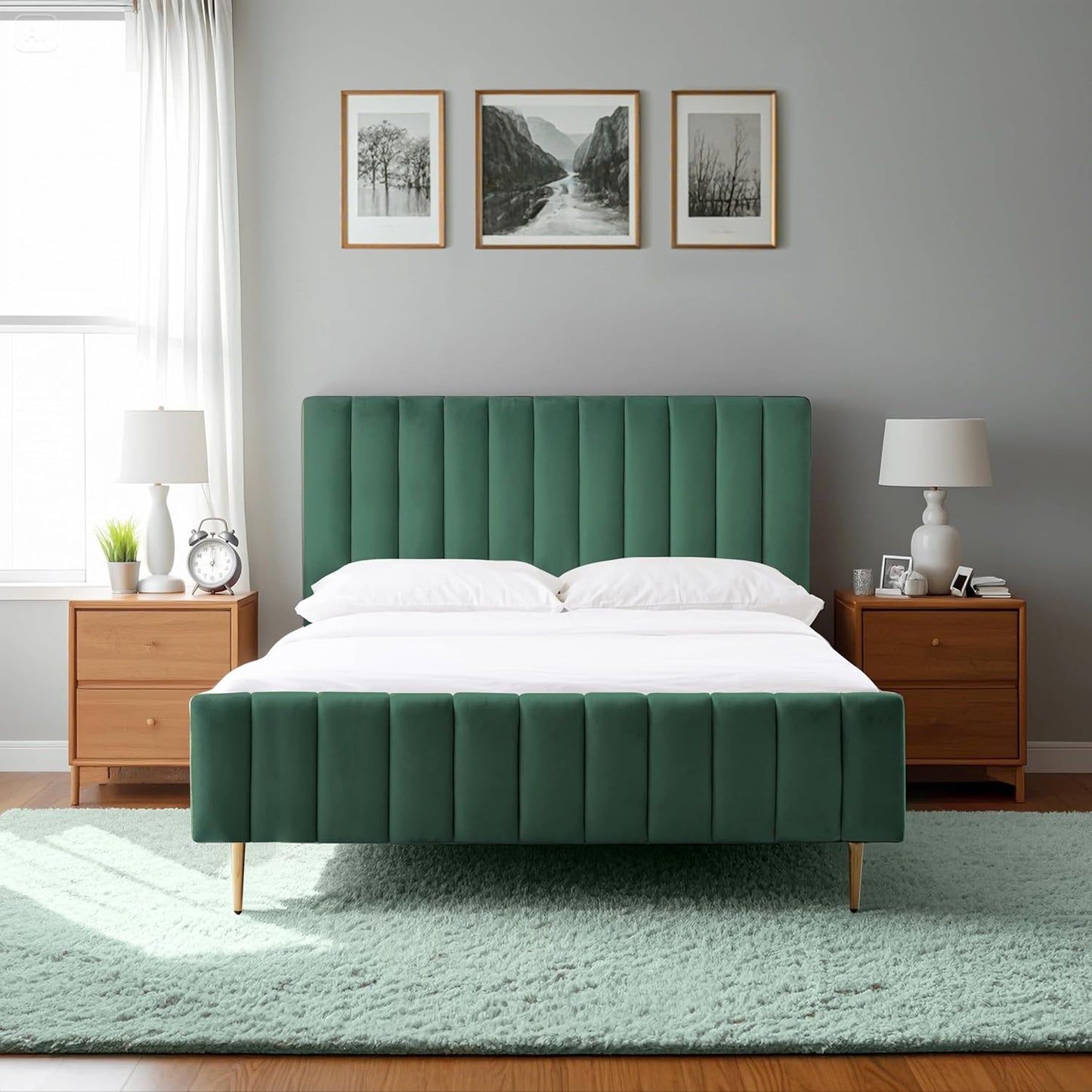 Livinia Queen Size Elton Velvet Platform Bed, Upholstered Bed Frame with Vertical Channel Tufted Headboard Footboard, Strong Wood Slats, No Box Spring Needed, Green (Queen)