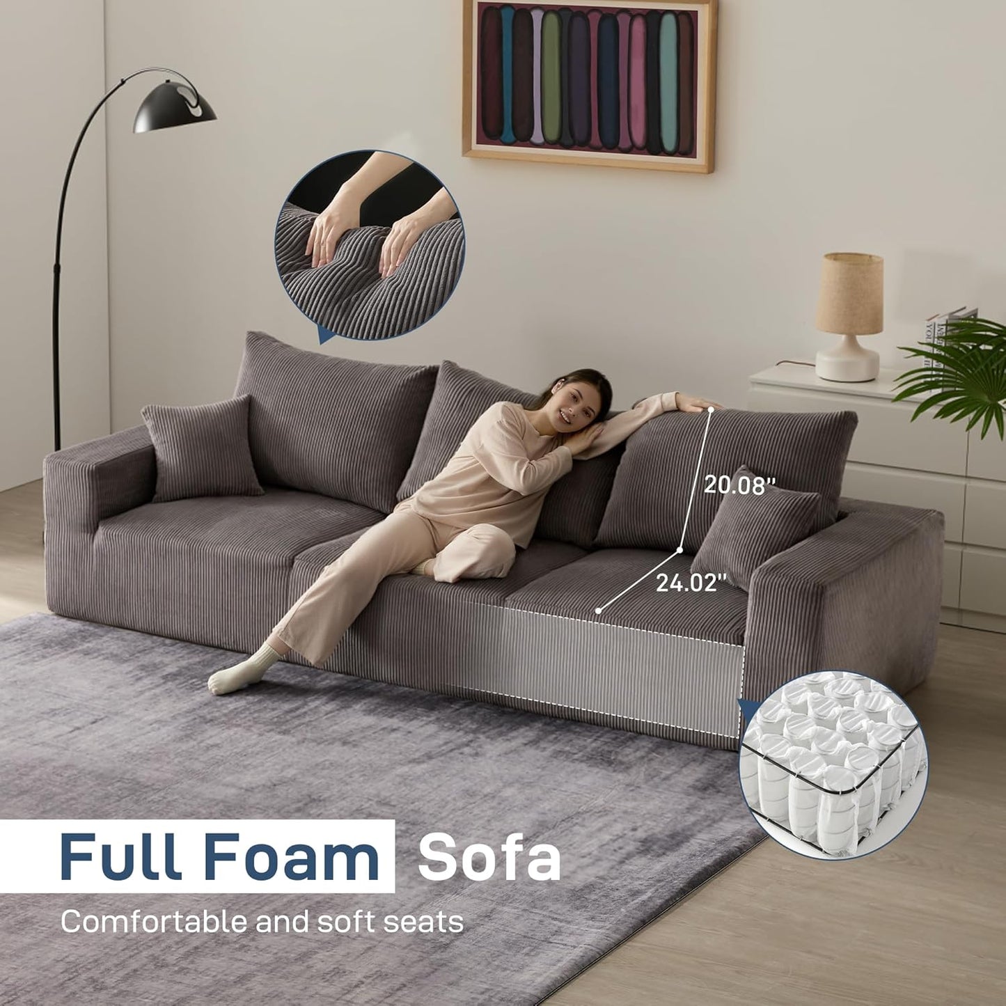 Sectional Cloud Boneless Sofa Couches for Living Room-113'' Gray 3 Seater U-Shaped Modern Lounge Couch-No Assembly Modular Corduroy Convertible Sponge Sleeper Sofas with Chaise for Home House