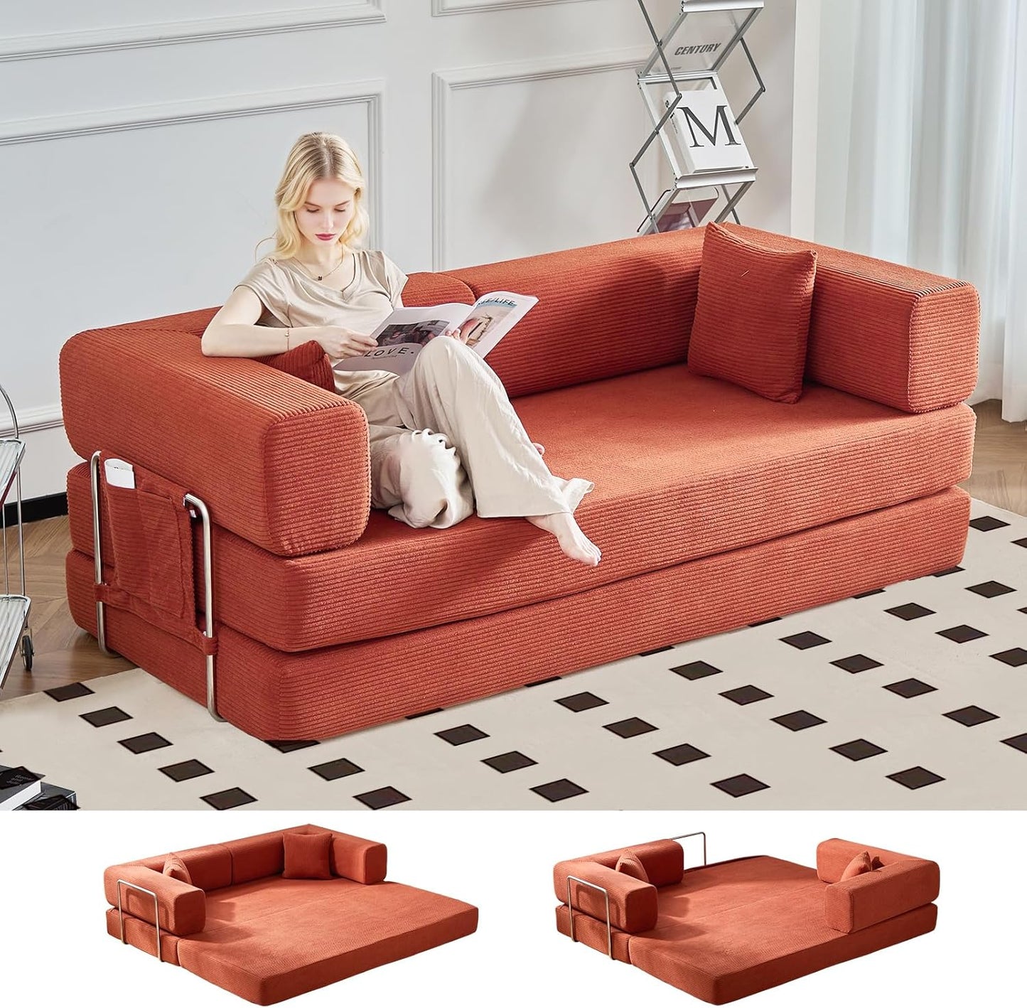 Folding Sofa Bed Convertable Corduroy Couch King Size Floor Sleeper 4-in-1 DIY Combination Modular Sofa Fold Out Futon Lounge Comfy Foldable Lazy cama for Living Room (Orange, 80.15")