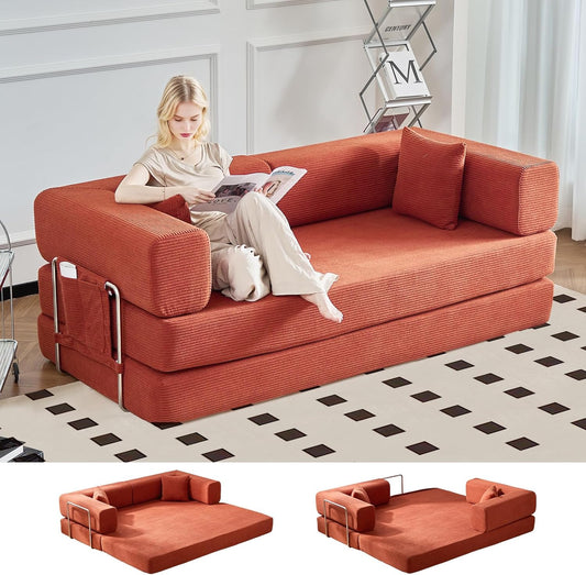 Folding Sofa Bed Convertable Corduroy Couch King Size Floor Sleeper 4-in-1 DIY Combination Modular Sofa Fold Out Futon Lounge Comfy Foldable Lazy cama for Living Room (Orange, 80.15")