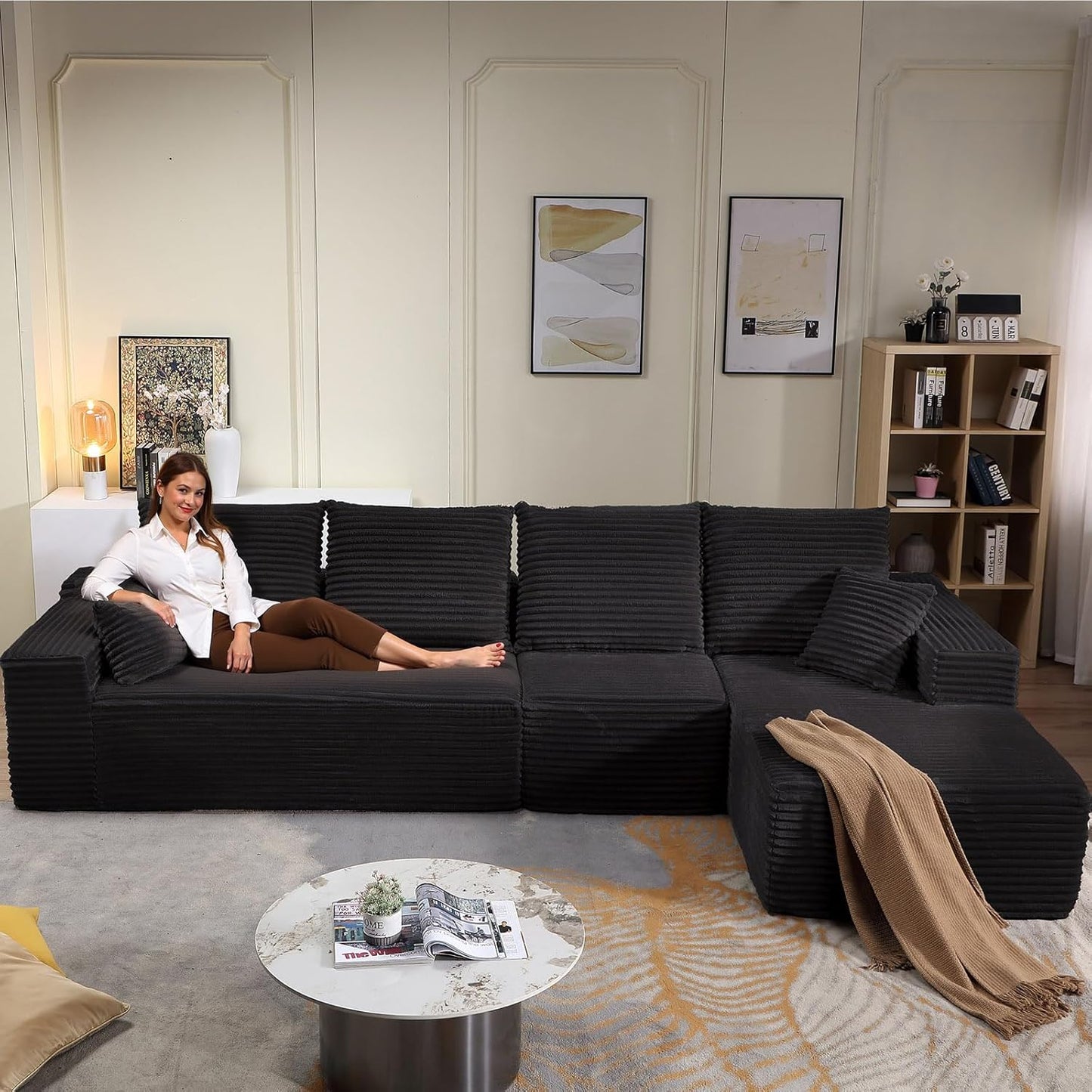 107" Modular Sectional Couches for Living Room, Comfy Boneless L Shaped Cloud Couch with Chaise Lounge, Modern Cozy Corduroy Deep Seat Floor Sofa, Memory Foam, No Assembly Required, Black