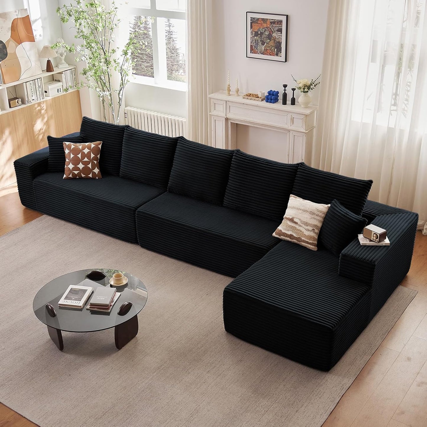 107" Modular Sectional Couches for Living Room, Comfy Boneless L Shaped Cloud Couch with Chaise Lounge, Modern Cozy Corduroy Deep Seat Floor Sofa, Memory Foam, No Assembly Required, Black