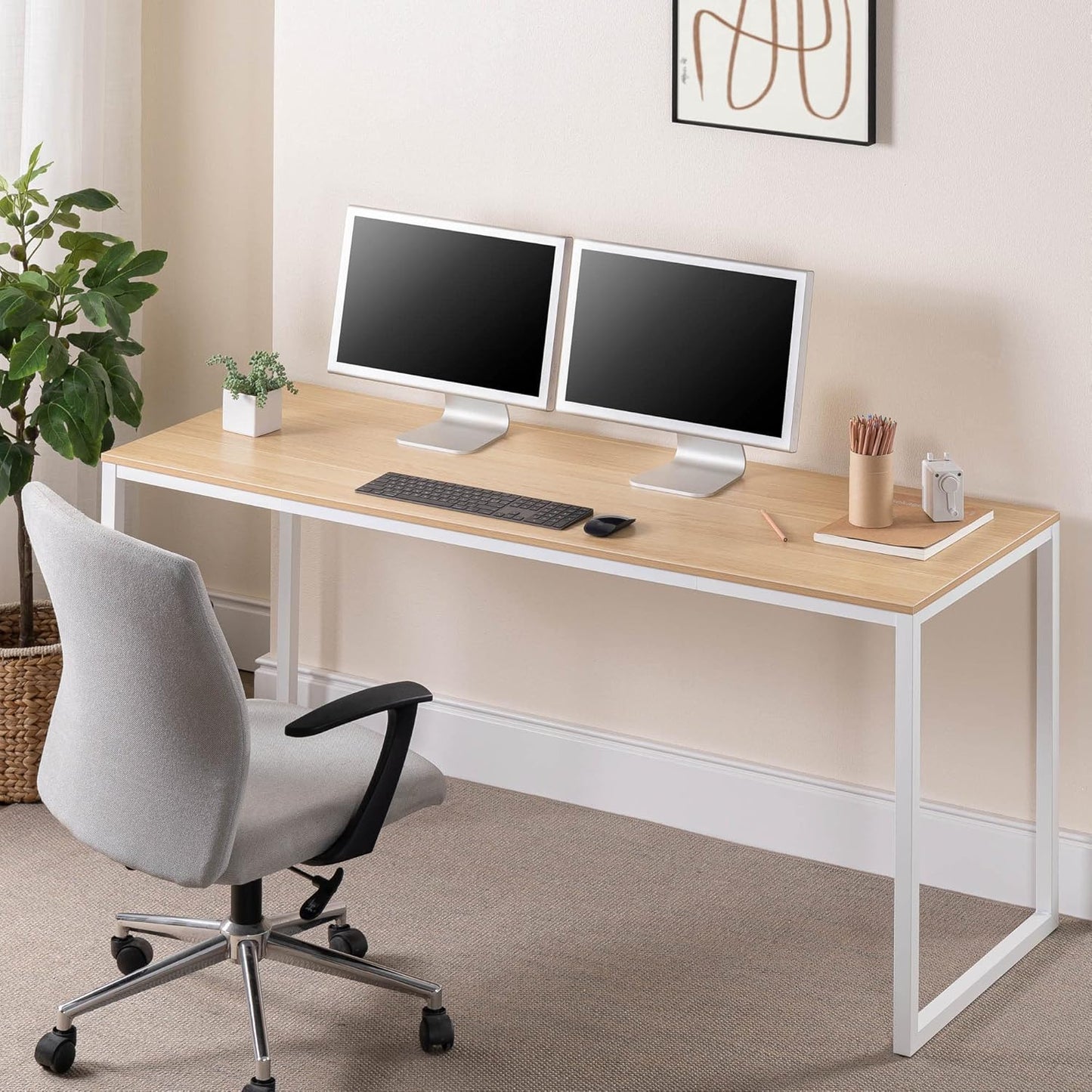 ZINUS Jennifer 55 Inch White Frame Desk, Computer Workstation, Office Desk, Dining Table, Easy Assembly, Natural