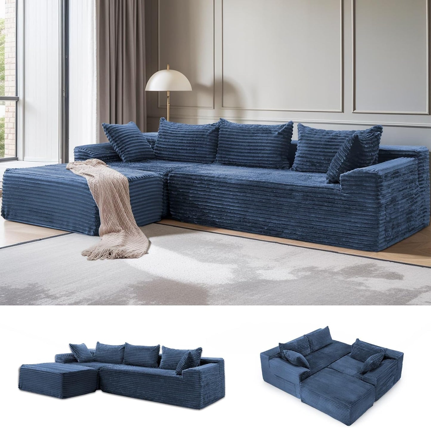 108" Sectional Couches for Living Room, Modular Sectional Sofa with L-Shape Chaise, Cloud Couch, Comfy Corduroy Fluffy Couch with Deep Seat and Side Pockets, No Assembly Required