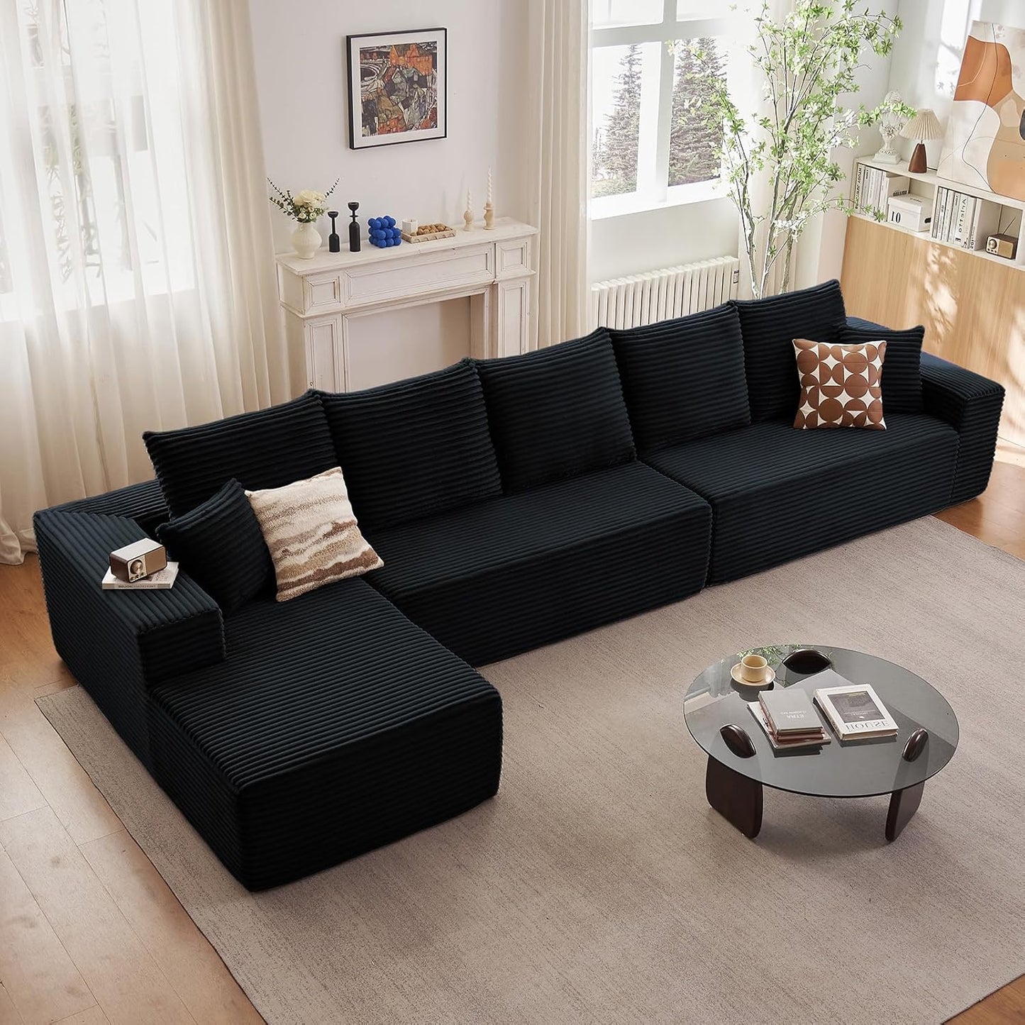 107" Modular Sectional Couches for Living Room, Comfy Boneless L Shaped Cloud Couch with Chaise Lounge, Modern Cozy Corduroy Deep Seat Floor Sofa, Memory Foam, No Assembly Required, Black