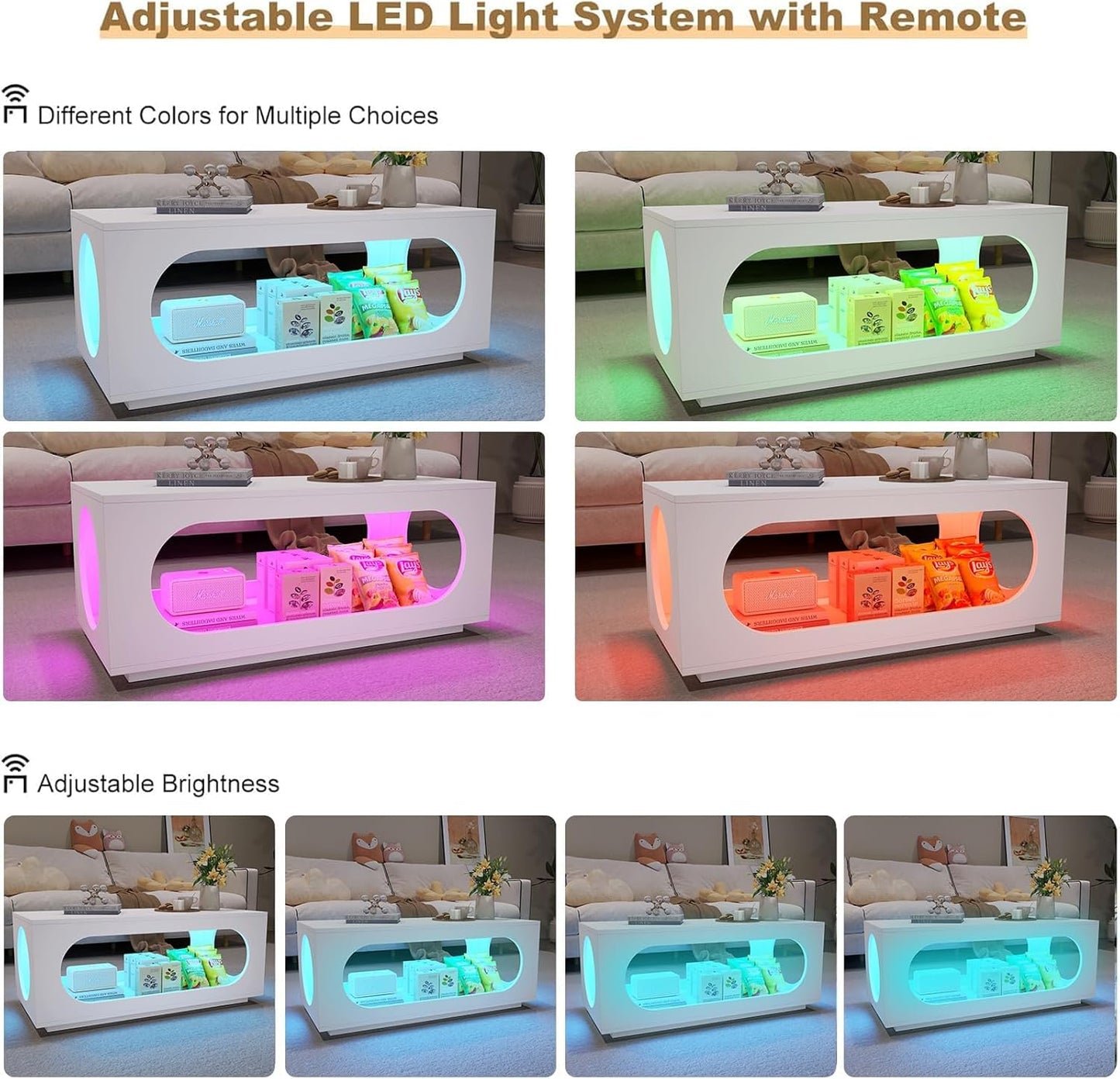 43" White Led Coffee Table for Living Room, Modern Living Room Table Rectangular Contemporary Center Table with Storage, Wooden Coffee Tables with LED Lights for Dining Reception Room