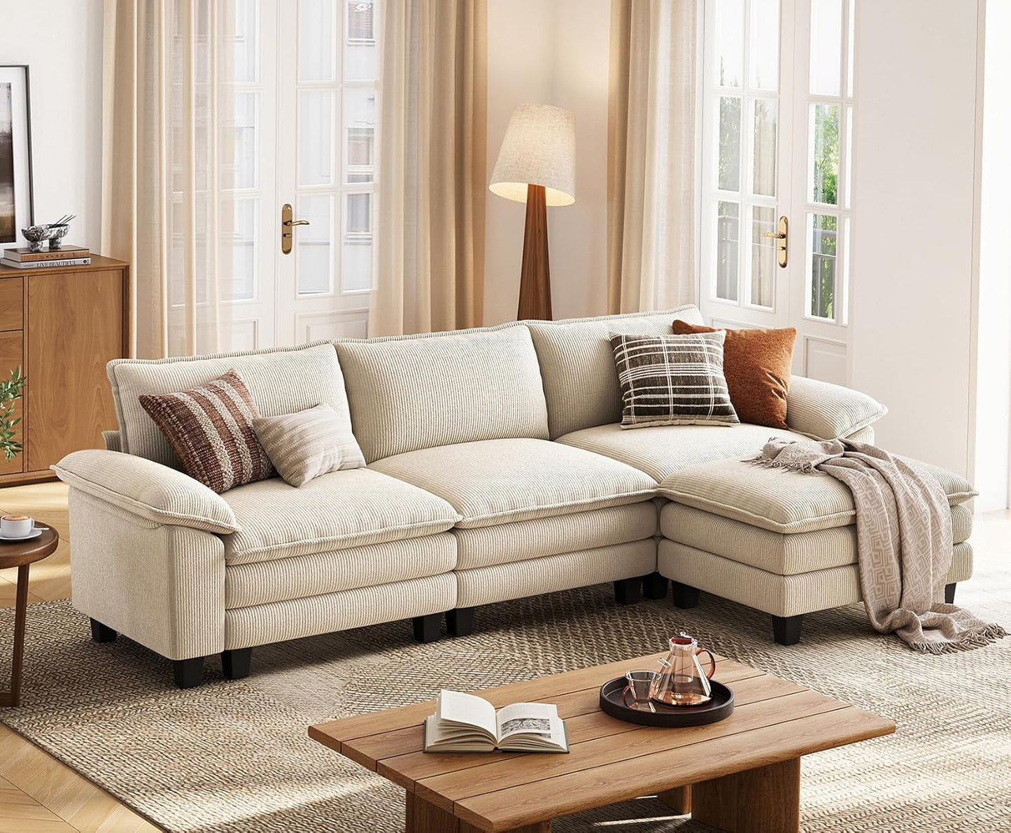 LINSY HOME Modular Sectional Sofa - 123'' Oversized Corduroy Cloud Couch L Shaped Couch with Movable Ottoman Soft Modern Comfy Sofa for Living Room Apartment Office, Green