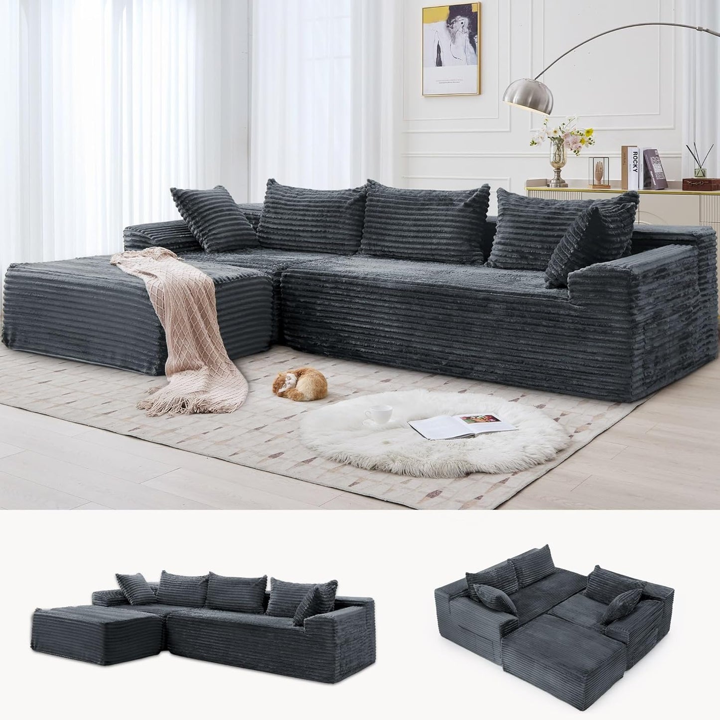 108" Sectional Couches for Living Room, Modular Sectional Sofa with L-Shape Chaise, Cloud Couch, Comfy Corduroy Fluffy Couch with Deep Seat and Side Pockets, No Assembly Required