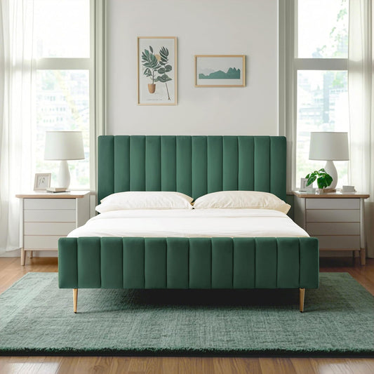 Livinia Queen Size Elton Velvet Platform Bed, Upholstered Bed Frame with Vertical Channel Tufted Headboard Footboard, Strong Wood Slats, No Box Spring Needed, Green (Queen)