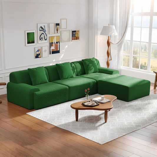 113" Modular Sectional Sofa Upholstered 3-Seater Sofa with Movable Ottoman, Oversized 4-Seater Couch with 3 Throw Pillows High-Density Foam No Assembly Free Combinations (Green)