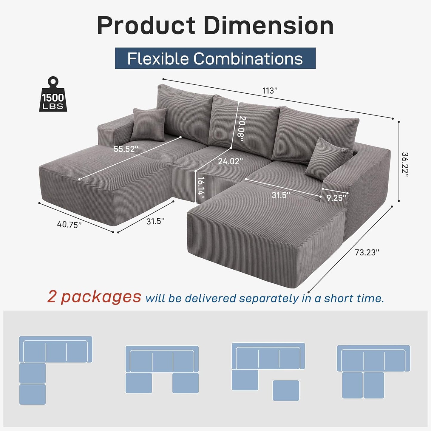 Sectional Cloud Boneless Sofa Couches for Living Room-113'' Gray 3 Seater U-Shaped Modern Lounge Couch-No Assembly Modular Corduroy Convertible Sponge Sleeper Sofas with Chaise for Home House