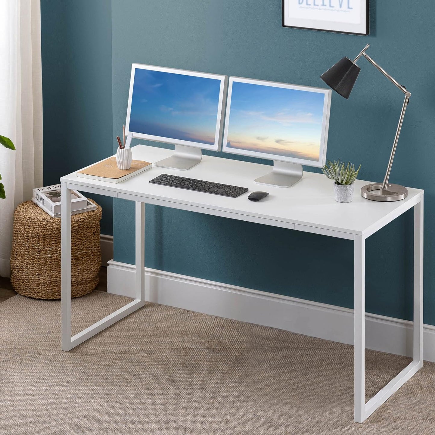 ZINUS Jennifer 55 Inch White Frame Desk, Computer Workstation, Office Desk, Dining Table, Easy Assembly, Natural