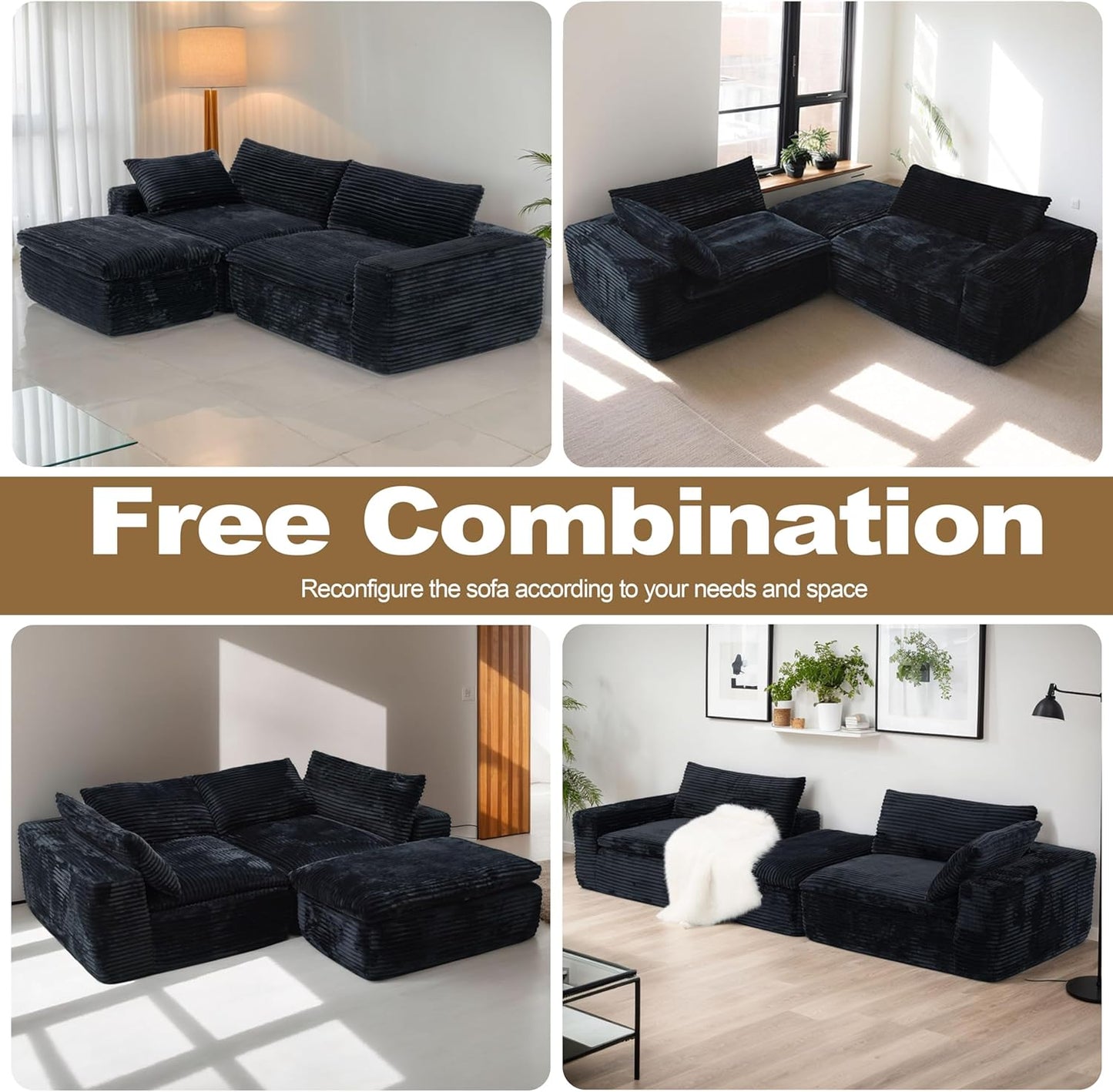 110.2 inch Modular Sectional Sofa with L-Shape - Cloud Sectional Couch with Deep Seat, Couches for Living Room Dedroom, Movable Ottoman, No Assembly Couch