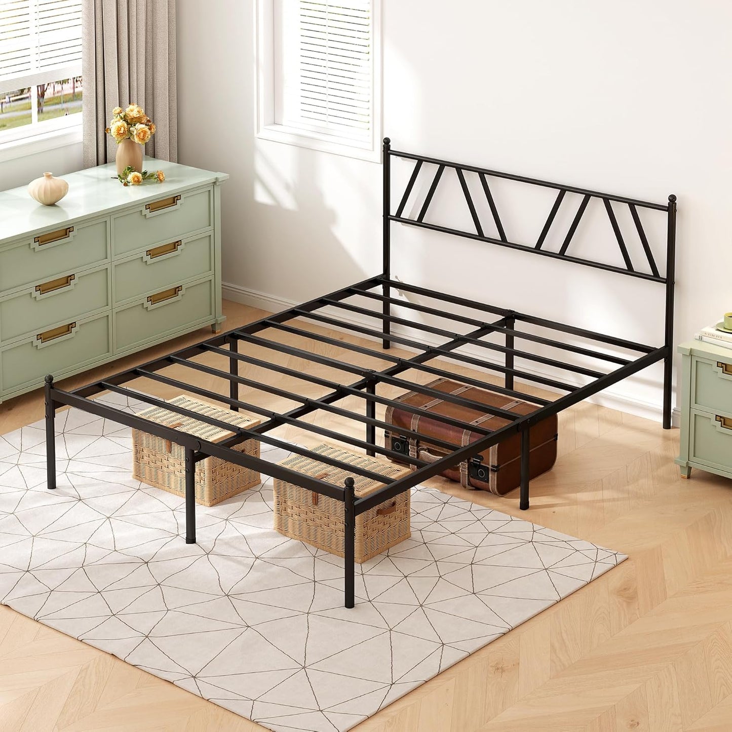 Metal Platform Bed Frame with Headboard, 14 Inches Full Bed, No Box Spring Needed, Steel Slat Support, Black, Easy Assembly