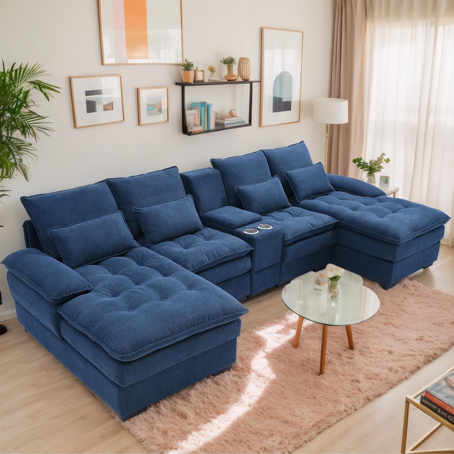 OUYESSIR 130" U Shaped Sectional Cloud Couches with Storage Console, Oversized Modular Sectional Sofa with Tufted Buttons & Chaise Lounge, Comfy Linen 6 Seat Sofa for Living Room, Beige White