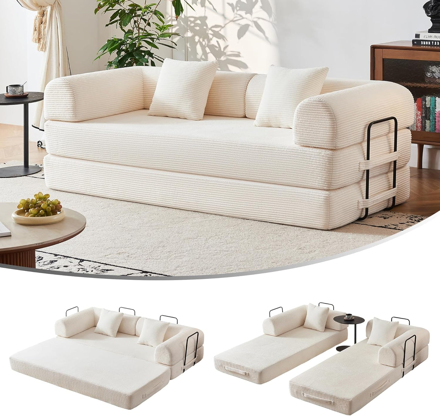 79" Modular Sofa Bed, Convertible Sleeper Sofa Bed, Couch Bed with Fixed-Shape Frame, Corduroy Floor Sofa Lounge Couch, Couches for Living Room with 2 Pillows, No Assembly Required, Black