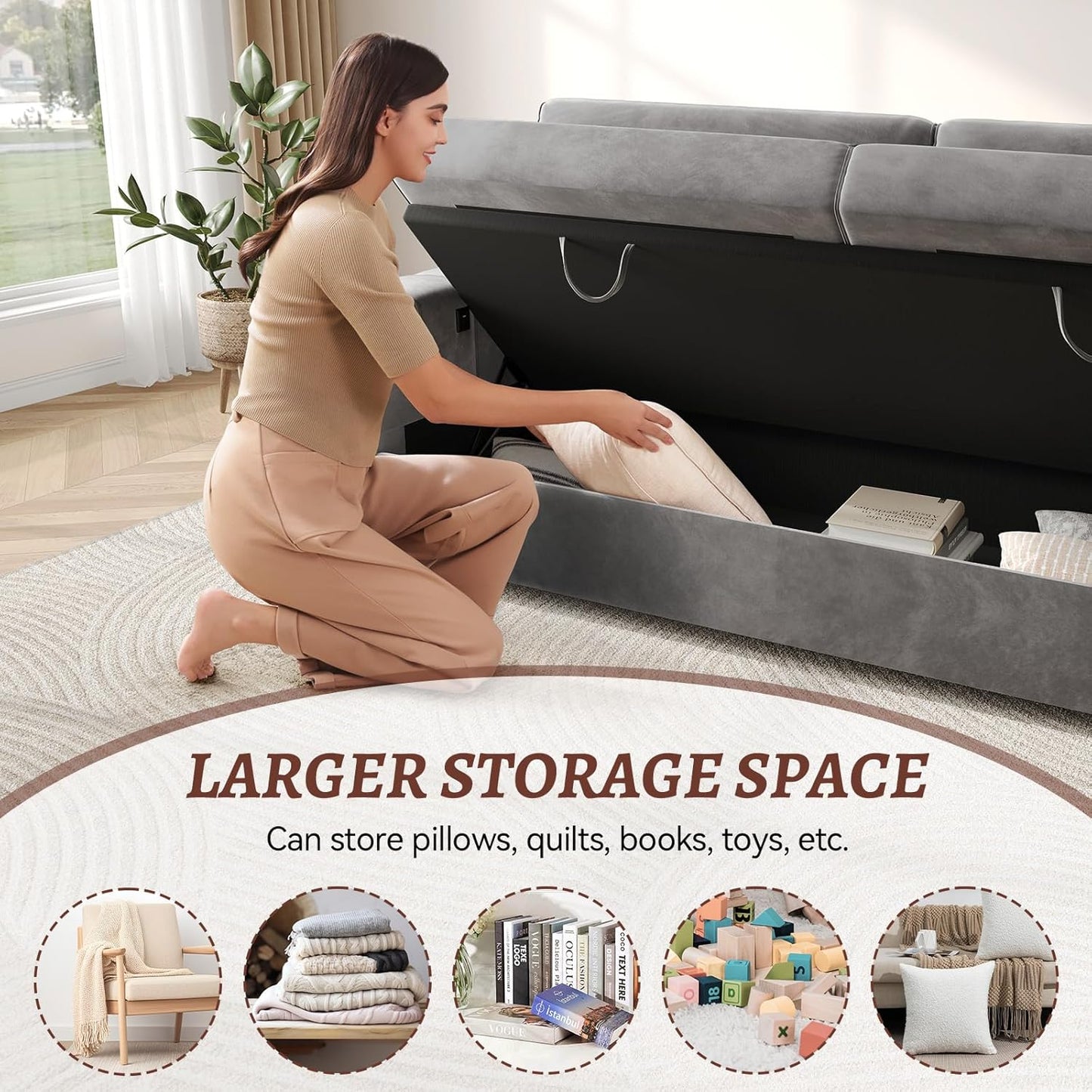 75 Inch Loveseat Sofa, Velvet Fabric Couch with Storage, Cup Holder, Charging Ports, Heightened Backrests, Removable Cover Modern Comfy Couches Easy Assembly for Small Spaces Apartment